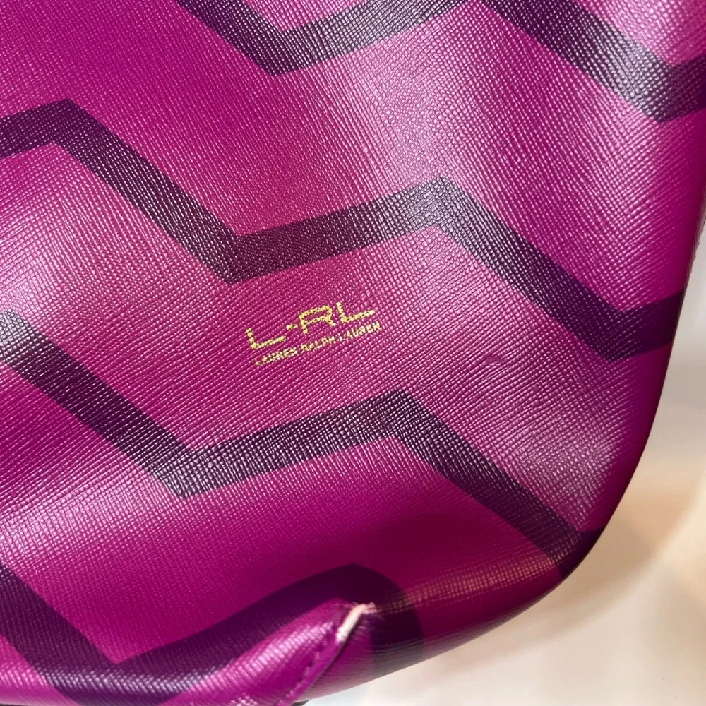 Lauren Ralph Lauren Purple‎ Chevron Tote Bag Brown Straps Gold Hardware Large